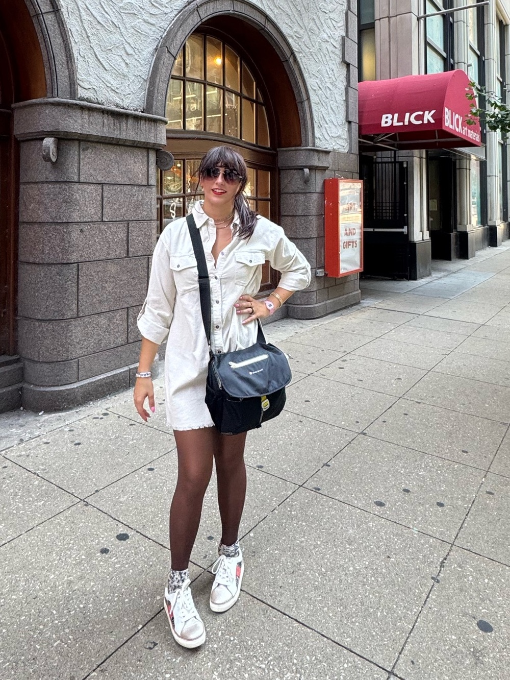 Casual White Button-Up Shirt Dress with Black Crossbody Bag